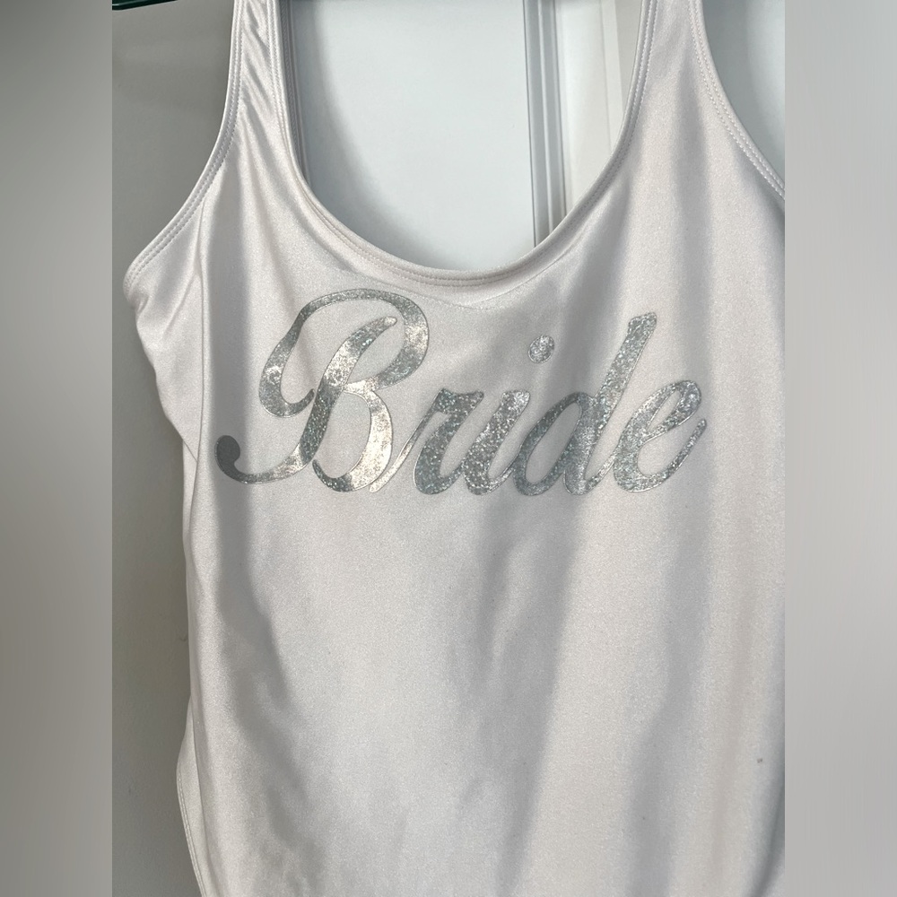 White Bride Bathing Suit with silver letters
